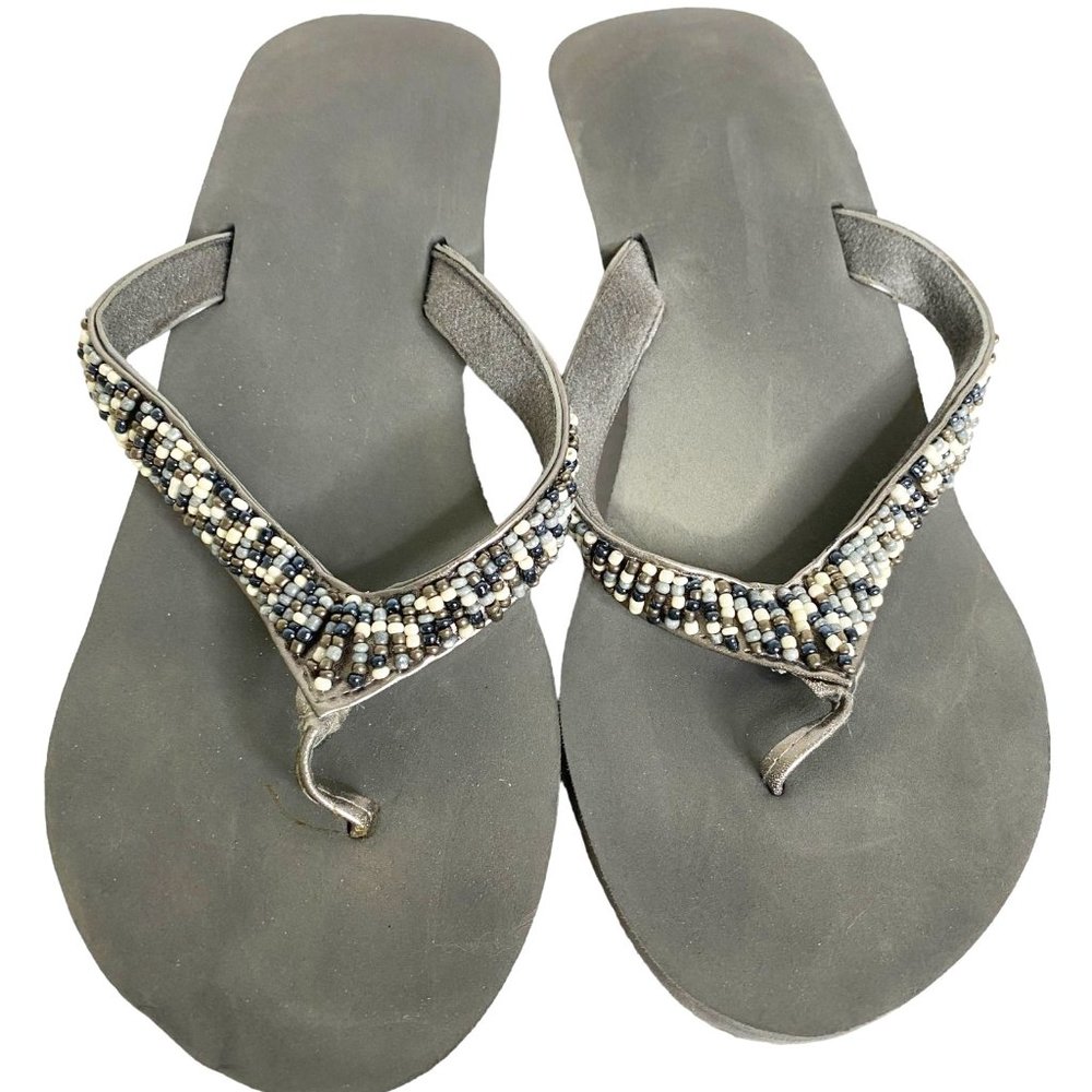 Grey Beaded Lightweight Wedge Open Toe Slip On with Comfort Insole Size 10 Beach